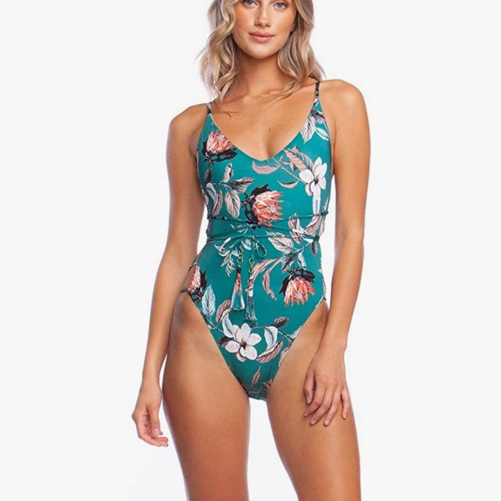 COPY - BCBGMAXAZRIA teal desert flower one piece swimsuit. Size 8. NWT